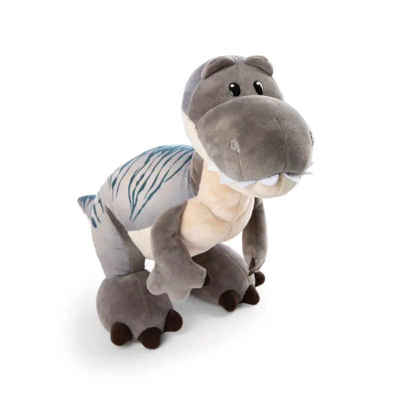 Graues Plüsch-Dinosaurier-Spielzeug mit blauen Streifen und freundlichem Blick vor weißem Hintergrund. Graues Plüsch-Dinosaurier-Spielzeug mit blauen Streifen und freundlichem Blick vor weißem Hintergrund.