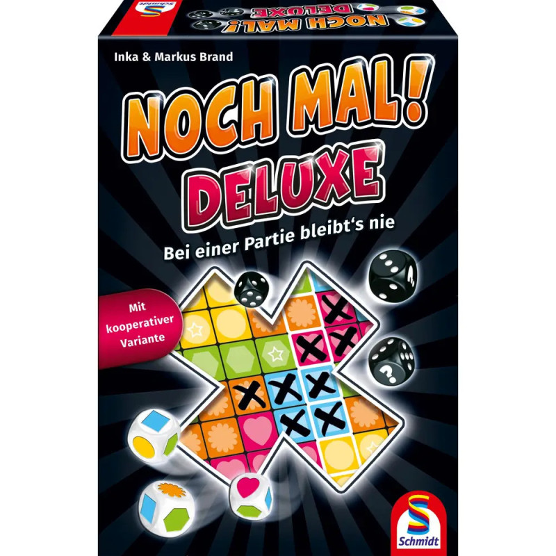 Noch Mal! Deluxe: Spielbox mit bunten Würfeln, Spielblock und dem Schmidt Spiele Logo.