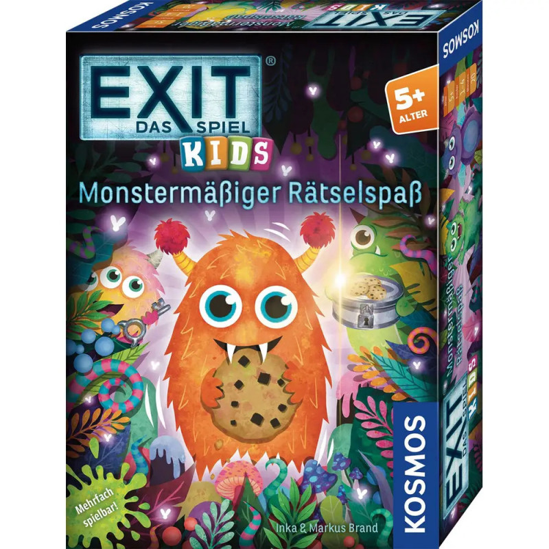 EXIT Kids Spielbox, bunt, mit orangem Monster und Keks empfohlen ab 5 Jahren.