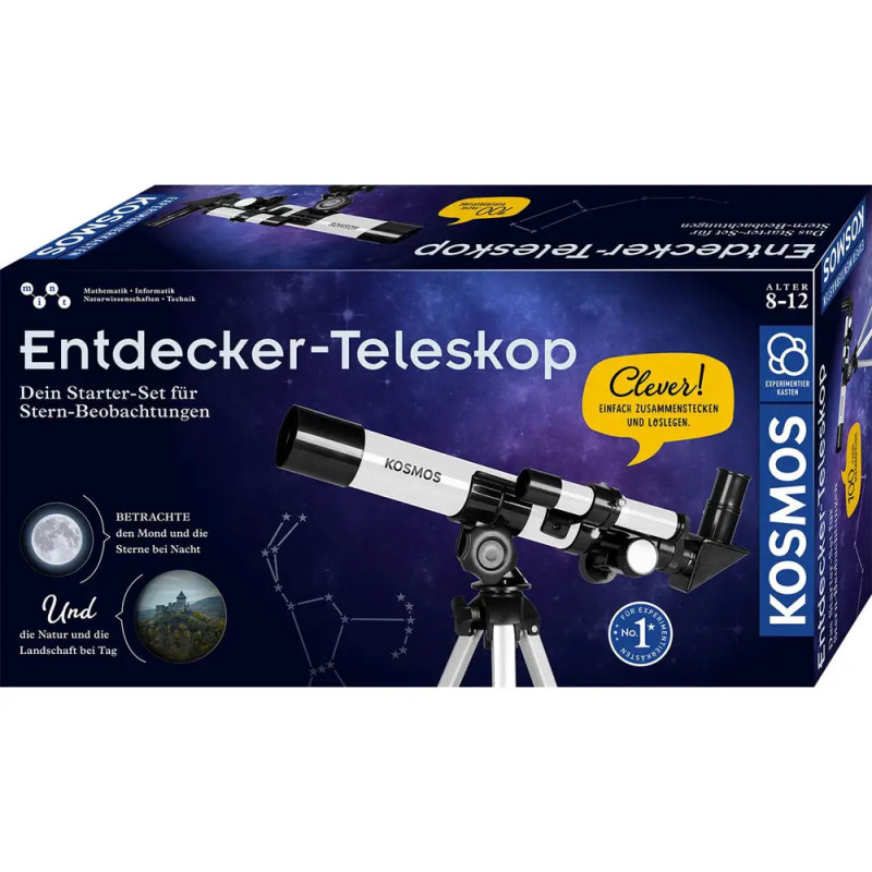 Verpackung des Kosmos Entdecker-Teleskop Starter-Sets für Kinder mit Teleskop und Sternenmotiven.