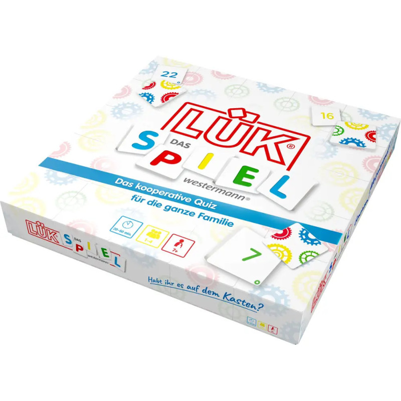 Box von LÜK Das Spiel, ein kooperatives Familien-Quiz mit bunten Zahnrädern und Kacheln auf der Verpackung. Box von LÜK Das Spiel, ein kooperatives Familien-Quiz mit bunten Zahnrädern und Kacheln auf der Verpackung.