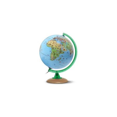 Bunte Weltkugel mit Afrika, Europa und Asien, platziert auf einem grünen Ständer.