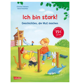 Drei Kinder spielen auf einem Spielplatz: eines schaukelt, eines wippt, eines sitzt mit einem Spielzeug-Delfin.