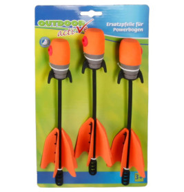Drei orange-schwarze Schaumstoffpfeile in Verpackung, beschriftet mit ab 3 Jahren und Ersatzpfeile für Powerbogen.
