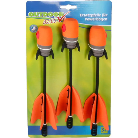Drei orange-schwarze Schaumstoffpfeile in Verpackung, beschriftet mit ab 3 Jahren und Ersatzpfeile für Powerbogen.
