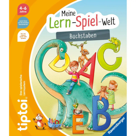 Kinder und Tiere spielen auf bunten Buchstaben und einem Dinosaurier auf dem deutschen Lernbuchcover für 4-6-Jährige.