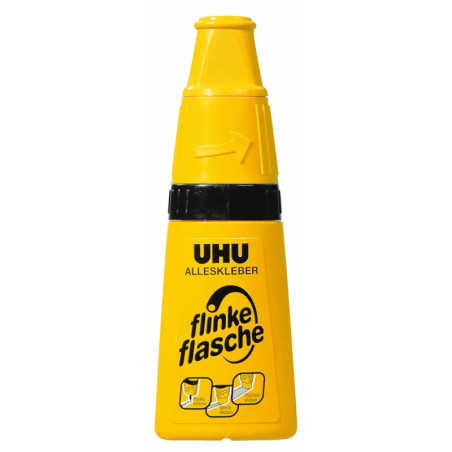 Gelbe UHU flinke flasche mit Aufdruck und Icons, die verschiedene Klebeanwendungen zeigen.