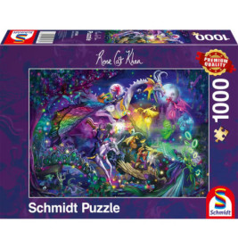 Schmidt Puzzle, 1000 Teile, mit bunter Fantasieszene: Ritter, Drache und magische Kreaturen auf dem Karton.