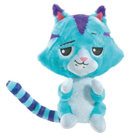 Blau-lila Plüschkatze mit gestreiftem Schwanz, großen grünen Augen und leicht schelmischem Gesichtsausdruck.