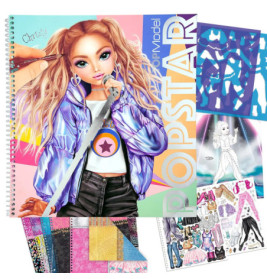 Spiralgebundenes Popstar-Aktivitätenbuch mit Popstar-Illustration, Stickern und gemusterten Papierbögen.