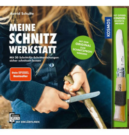 Ein Kind schnitzt mit einem Messer, das Buchcover wirbt für Holzschnitz-Anleitungen und ein beiliegendes Messer.