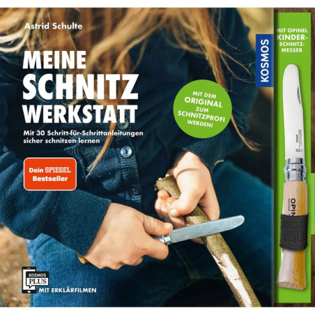 Ein Kind schnitzt mit einem Messer, das Buchcover wirbt für Holzschnitz-Anleitungen und ein beiliegendes Messer.