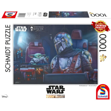 Der Mandalorianer und Grogu sitzen im Cockpit eines Raumschiffs auf einer 1000-teiligen Schmidt-Puzzlebox.