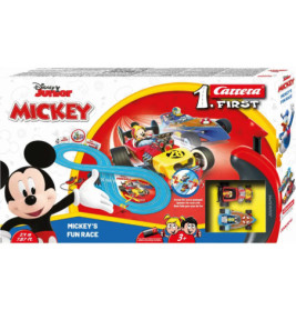 Disney Junior Mickey Mouse Rennspielzeug-Set mit blauem Track und Cartoon-Autos für Kinder ab 3 Jahren.