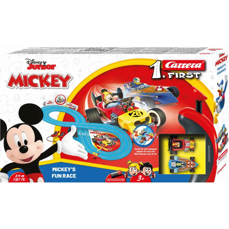 Disney Junior Mickey Mouse Rennspielzeug-Set mit blauem Track und Cartoon-Autos für Kinder ab 3 Jahren.
