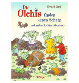 Vier grüne Wesen heben eine Schatztruhe aus, andere schauen zu deutsches Buchcover von Erhard Dietl.