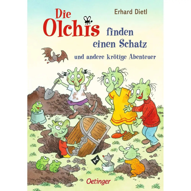 Vier grüne Wesen heben eine Schatztruhe aus, andere schauen zu deutsches Buchcover von Erhard Dietl.