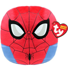 Rotes und blaues Spider-Man-Plüschtier mit großen Augen und einem herzförmigen ty Squishy Beanies-Anhänger.
