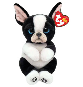 Schwarz-weißer Boston Terrier Beanie Baby mit traurigem Blick, blauen Augen und rotem Etikett.