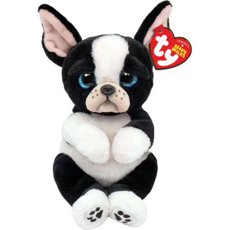 Schwarz-weißer Boston Terrier Beanie Baby mit traurigem Blick, blauen Augen und rotem Etikett.