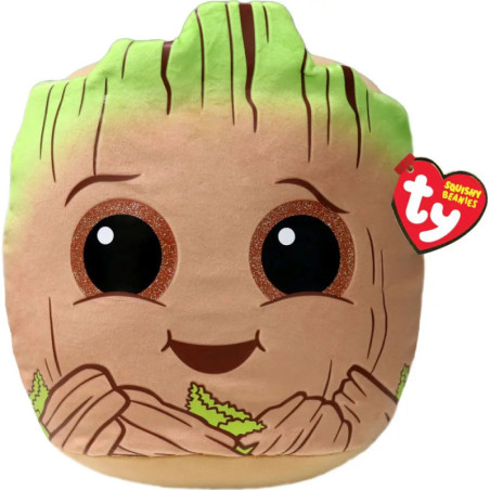 Plüschfigur in Groot-Optik mit großen braunen Augen, lächelndem Gesicht und Ty Beanie-Schild an der Seite.