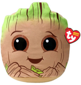 Plüschfigur in Groot-Form aus Marvel, mit großen Augen, lächelndem Gesicht und rotem Ty-Anhänger am Ohr.