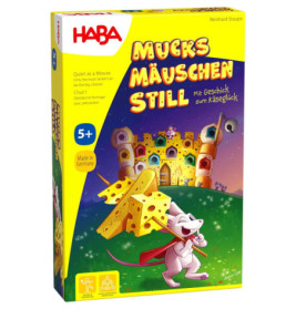 Buntes Brettspiel mit einer Maus, die Käse hält. Im Hintergrund ist eine Käseburg zu sehen.