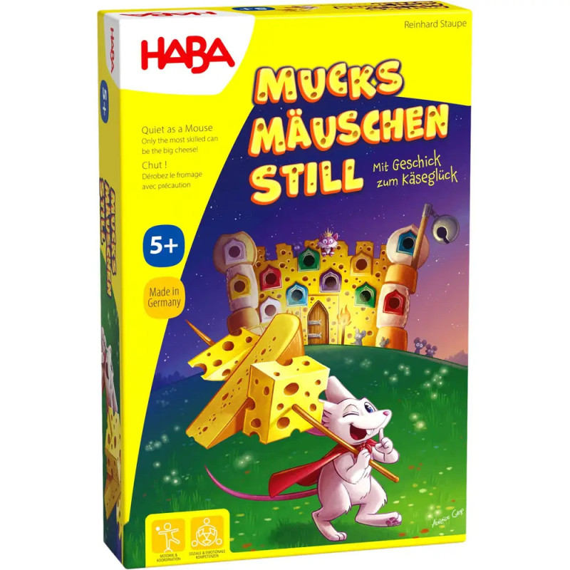 Buntes Brettspiel mit einer Maus, die Käse hält. Im Hintergrund ist eine Käseburg zu sehen. Buntes Brettspiel mit einer Maus, die Käse hält. Im Hintergrund ist eine Käseburg zu sehen.