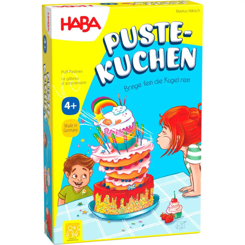 Bunte Haba-Spieleschachtel mit Kindern, die eine große, verzierte Geburtstagstorte auspusten. Ab 4 Jahren empfohlen. Bunte Haba-Spieleschachtel mit Kindern, die eine große, verzierte Geburtstagstorte auspusten. Ab 4 Jahren empfohlen.