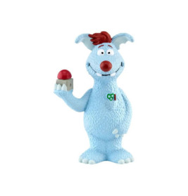 Ein blaues, pelziges Cartoonwesen mit roten Haaren hält einen roten Knopf und lächelt zufrieden.