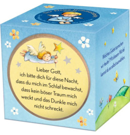 Bunter Gebetswürfel mit deutschem Abendgebet und einer Illustration eines Engels mit Sternenstab.