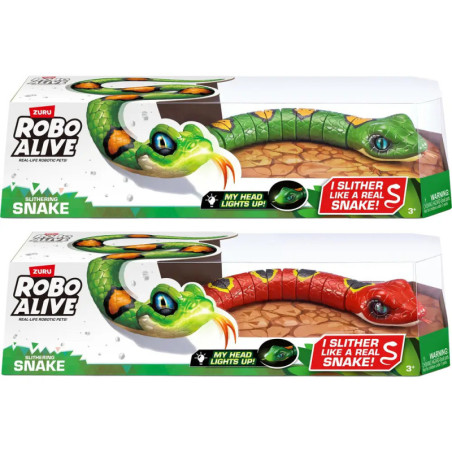 Zwei Robo Alive Schlangen, grün und rot, in Verpackung mit dem Aufdruck Ich schlängele wie eine echte Schlange!.