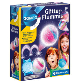 Galileo Glitter-Flummis-Box mit bastelnden Kindern, bunten Glitzerbällen und Bastelmaterialien.