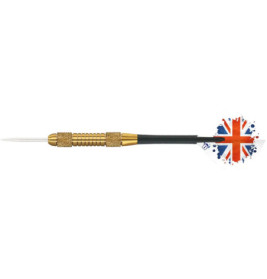 Ein Dart mit goldenem Griff und einem Flight, der das Union-Jack-Flaggenmuster zeigt.
