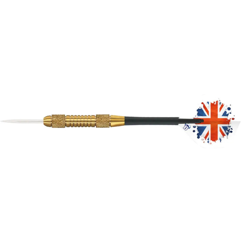 Ein Dart mit goldenem Griff und einem Flight, der das Union-Jack-Flaggenmuster zeigt.