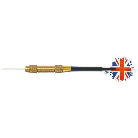 Ein Dart mit goldenem Griff und einem Flight, der das Union-Jack-Flaggenmuster zeigt.