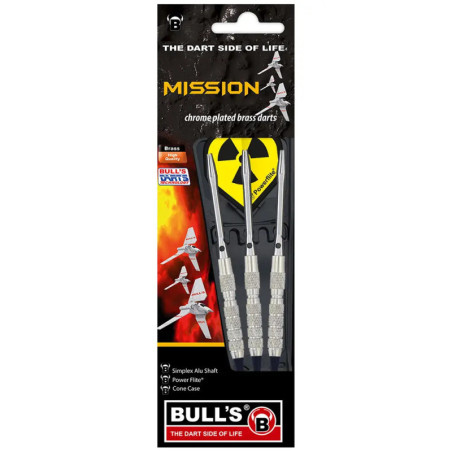 BULLS Mission Darts, verchromt, Messing, 3er-Set mit Flights im Jet-Design.