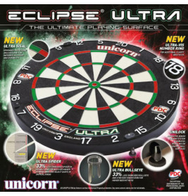 Werbebild eines Unicorn Eclipse Ultra Dartboards mit Fokus auf neue Funktionen und Verbesserungen im Design.