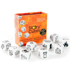 Schachtel mit Rorys Story Cubes: neun weiße Würfel, jeweils mit verschiedenen schwarzen Symbolen bedruckt.