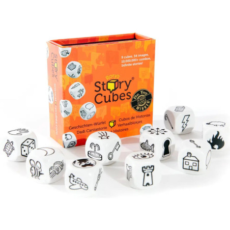 Schachtel mit Rorys Story Cubes: neun weiße Würfel, jeweils mit verschiedenen schwarzen Symbolen bedruckt.