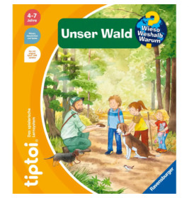 Ein Mann erklärt Kindern im Wald etwas, Hunde sind dabei Buchcover mit dem Titel Unser Wald.