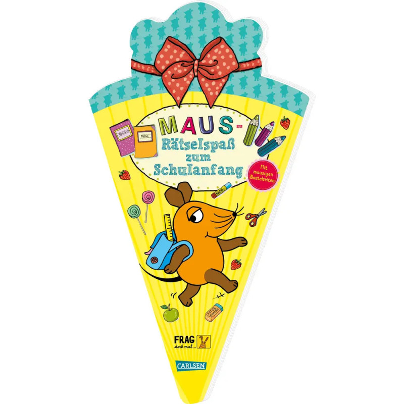 Farbiges, kugelförmiges Buchcover mit Comic-Maus, Schulsachen und deutschem Text zu Schulrätseln.