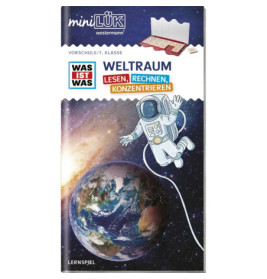 Ein Astronaut schwebt über der Erde Bücher und Weltraum-Text auf Deutsch zieren das Cover eines Lernhefts.