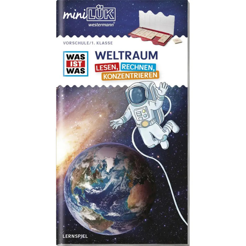 Ein Astronaut schwebt über der Erde Bücher und Weltraum-Text auf Deutsch zieren das Cover eines Lernhefts.