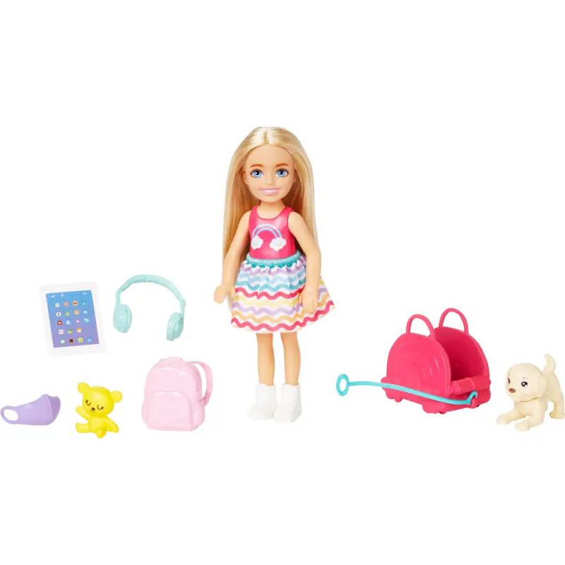 Puppe mit blonden Haaren, Reise-Zubehör, Spielzeughund, Rucksack, Kopfhörer, Tablet und Teddybär.