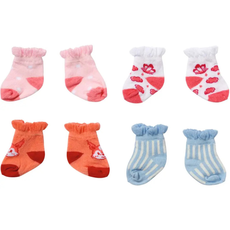 Acht bunte Babysocken-Paare in Pink, Rot, Orange und Blau mit verschiedenen Mustern und Designs.
