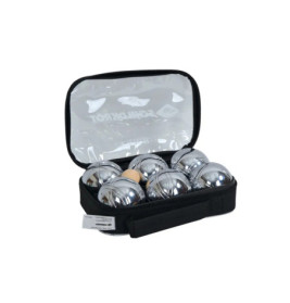 Schwarzes Etui mit sechs Metallkugeln und einer kleinen Holzkugel, der Deckel ist geöffnet.