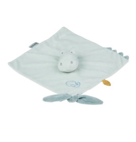 Hellblaue Baby-Kuscheldecke mit Dinosaurierkopf und -schwanz sowie einem kleinen Walmotiv auf dem Stoff.