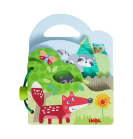 Farbenfrohes HABA-Babybuch mit Fuchs, Waschbär, Eule und Naturmotiven auf dem Cover.