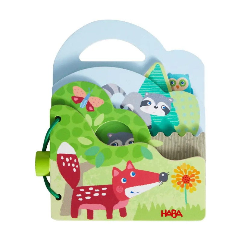 Farbenfrohes HABA-Babybuch mit Fuchs, Waschbär, Eule und Naturmotiven auf dem Cover. Farbenfrohes HABA-Babybuch mit Fuchs, Waschbär, Eule und Naturmotiven auf dem Cover.